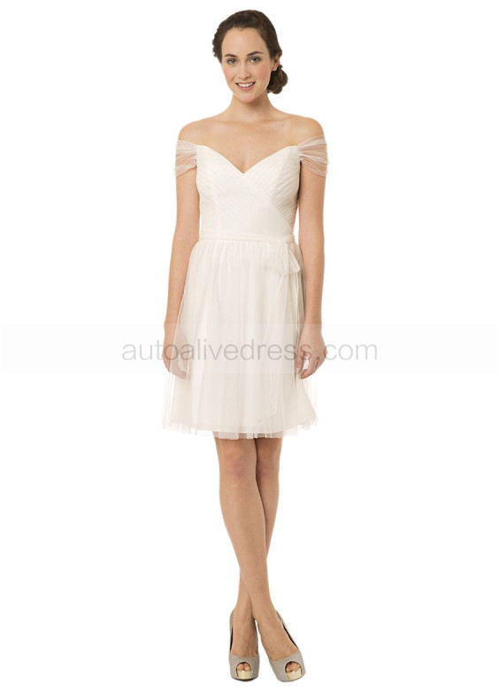 A-line V Neck Ivory Tulle Pleated Knee Length Bridesmaid Dress